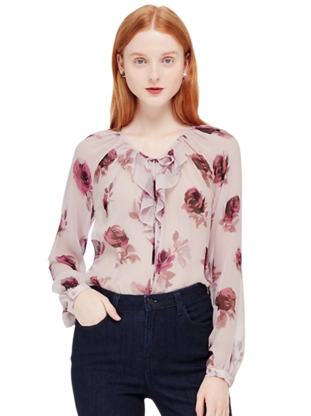 Kate Spade Encore Rose Print Ruffle Blouse